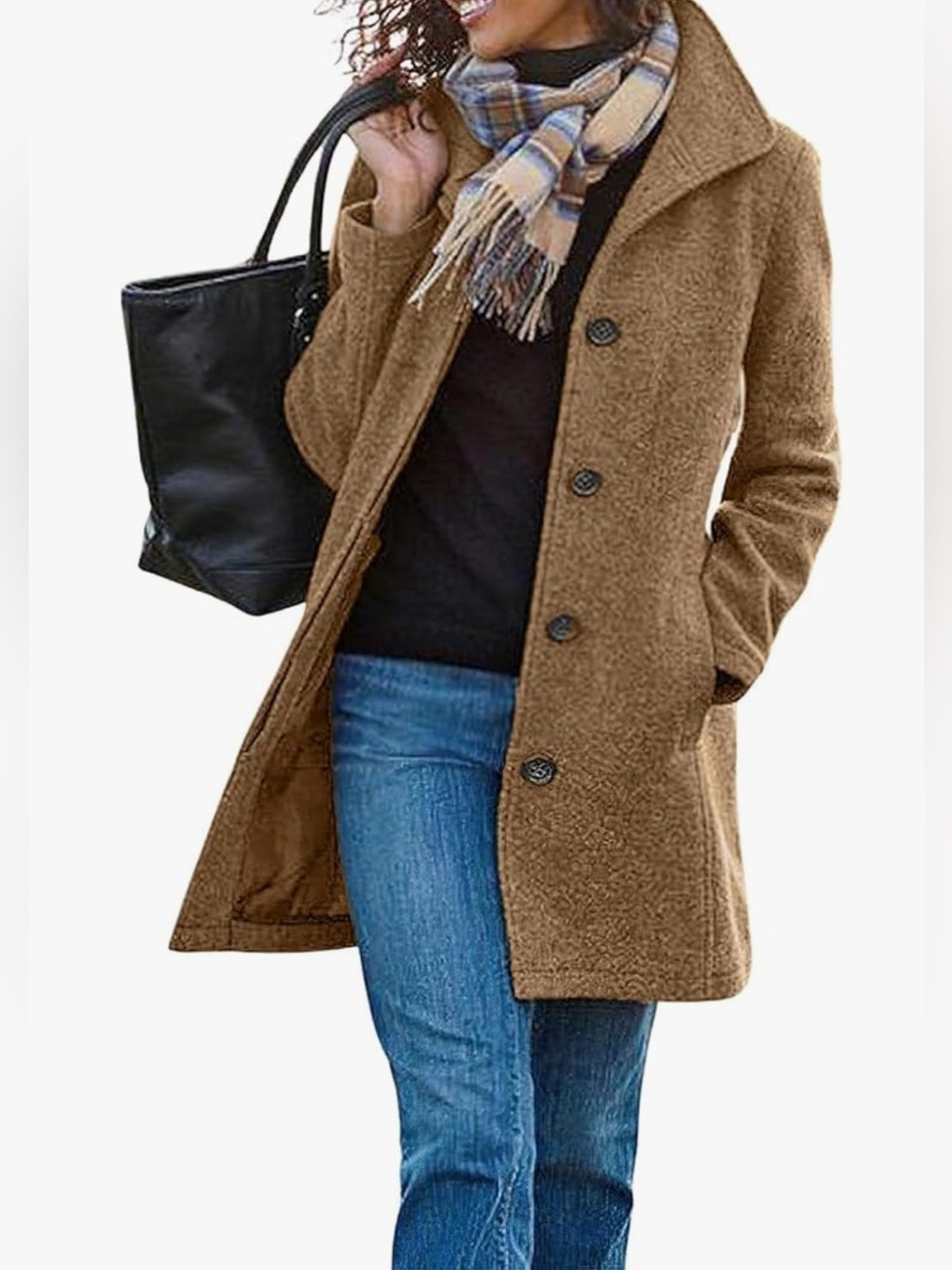 Women’s Camel Brown Button-Front Wool Blend Coat